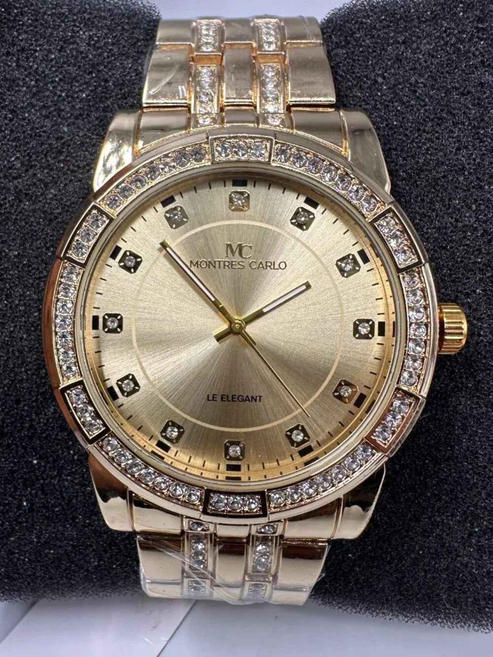 Montres Carlo Watch Men Gold Tone Crystal Bezel Round Dial 45MM Works 8.75